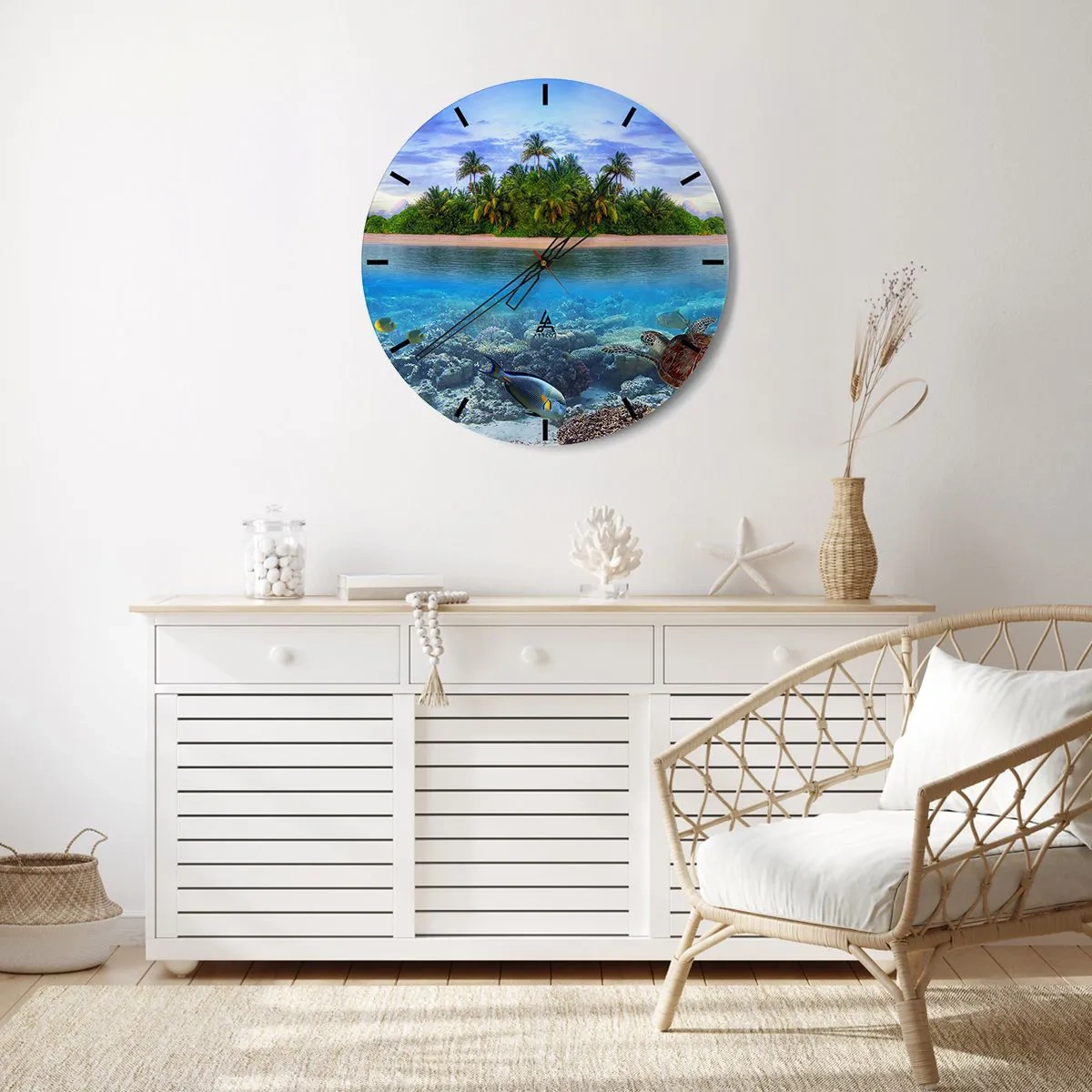 Nástěnné hodiny - Exotický ostrov s palmami a podmořským světem - 30x30cm - Nebeský ostrov zve - Moderní nástěnná dekorace do obývacího pokoje, kuchyně a ložnice ARTTOR