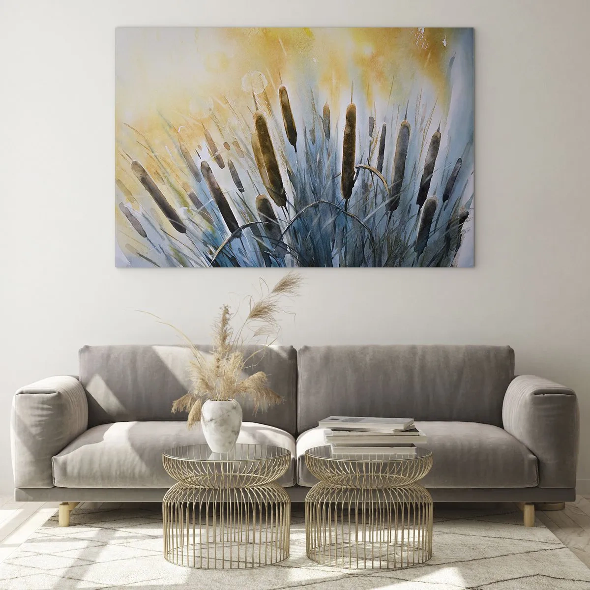 Obraz na skle - Malované orobince proti slunečné obloze - 70x50cm - Chlad vody, žár slunce - Moderní nástěnná dekorace do obývacího pokoje a ložnice ARTTOR