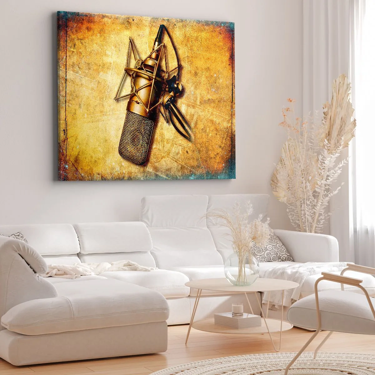 Obraz na plátně - Zlatý studiový mikrofon na vintage pozadí v teplých tónech. - 70x50cm - Zlaté roky rádia - Moderní nástěnná dekorace do obývacího pokoje a ložnice ARTTOR