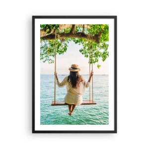 Plakát v černém rámu - Žena na houpačce u moře v tropickém prostředí - 50x70cm - Život je krásný - Moderní nástěnná dekorace do obývacího pokoje a ložnice ARTTOR