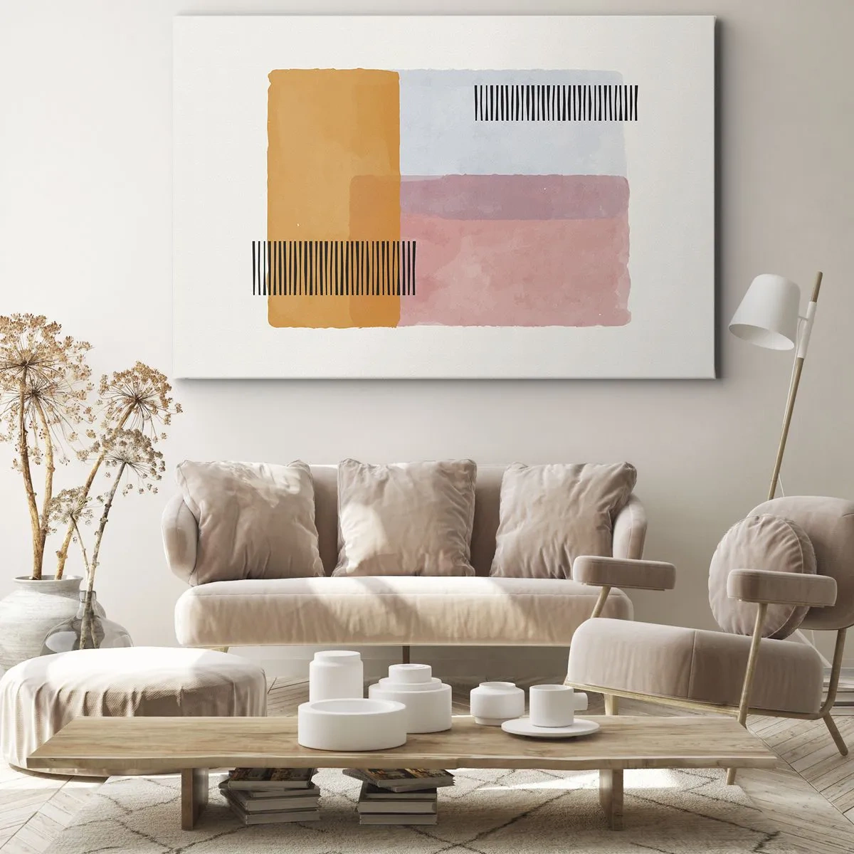 Obraz na plátně - Geometrie v pastelových barvách s čarami na světlém pozadí - 70x50cm - Z rohu do rohu - Moderní nástěnná dekorace do obývacího pokoje a ložnice ARTTOR