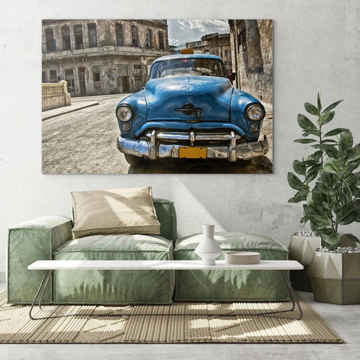 Obraz na skle - Kubánské klasické auto v ulicích Havany - 70x50cm - Staré je krásné - Moderní nástěnná dekorace do obývacího pokoje a ložnice ARTTOR