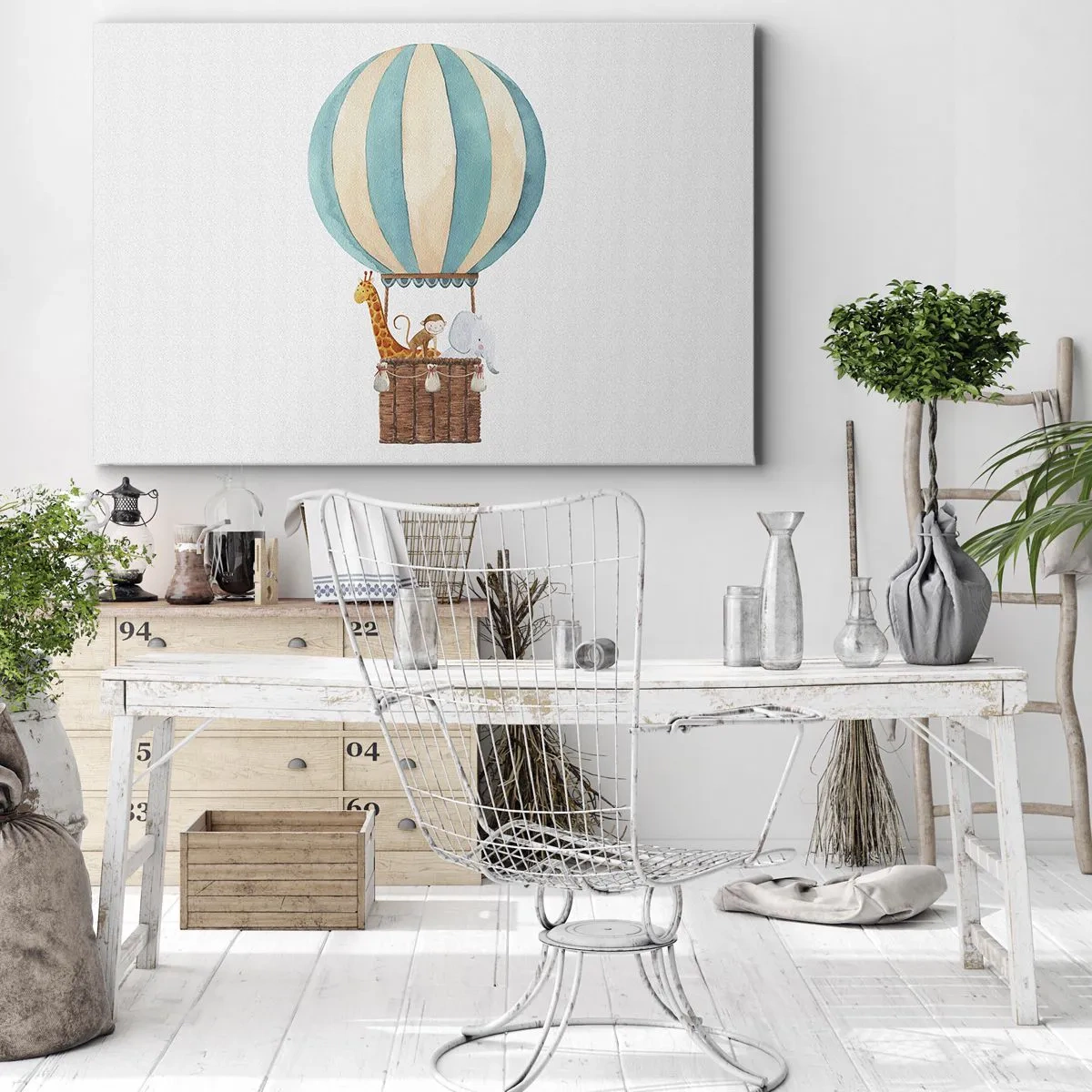 Obraz na plátně - Balónek s roztomilými zvířátky v pastelových barvách - 70x50cm - Fantastický výlet - Moderní nástěnná dekorace do obývacího pokoje a ložnice ARTTOR