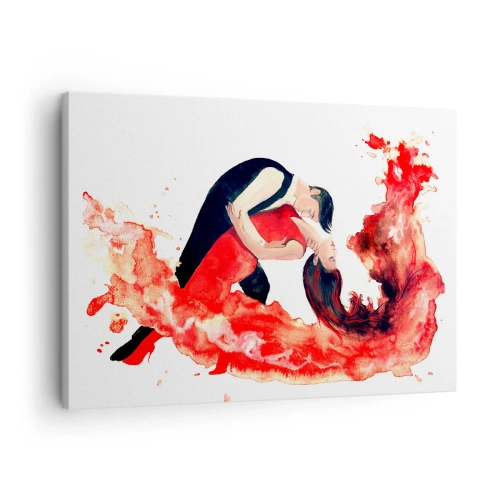 Obraz na plátně - Dynamický akvarelový obraz tanečního páru v červených barvách. - 70x50cm - Tango - smyslná vlna - Moderní nástěnná dekorace do obývacího pokoje a ložnice ARTTOR