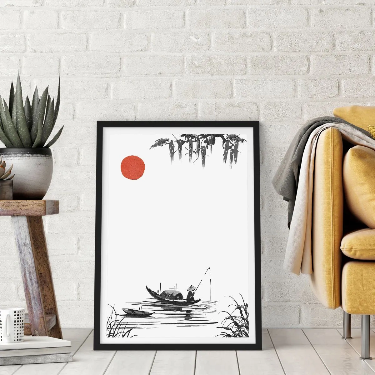 Plakát v černém rámu - Minimalistický obraz rybáře v lodi s rudým sluncem. - 50x70cm - Asijské odpoledne - Moderní nástěnná dekorace do obývacího pokoje a ložnice ARTTOR