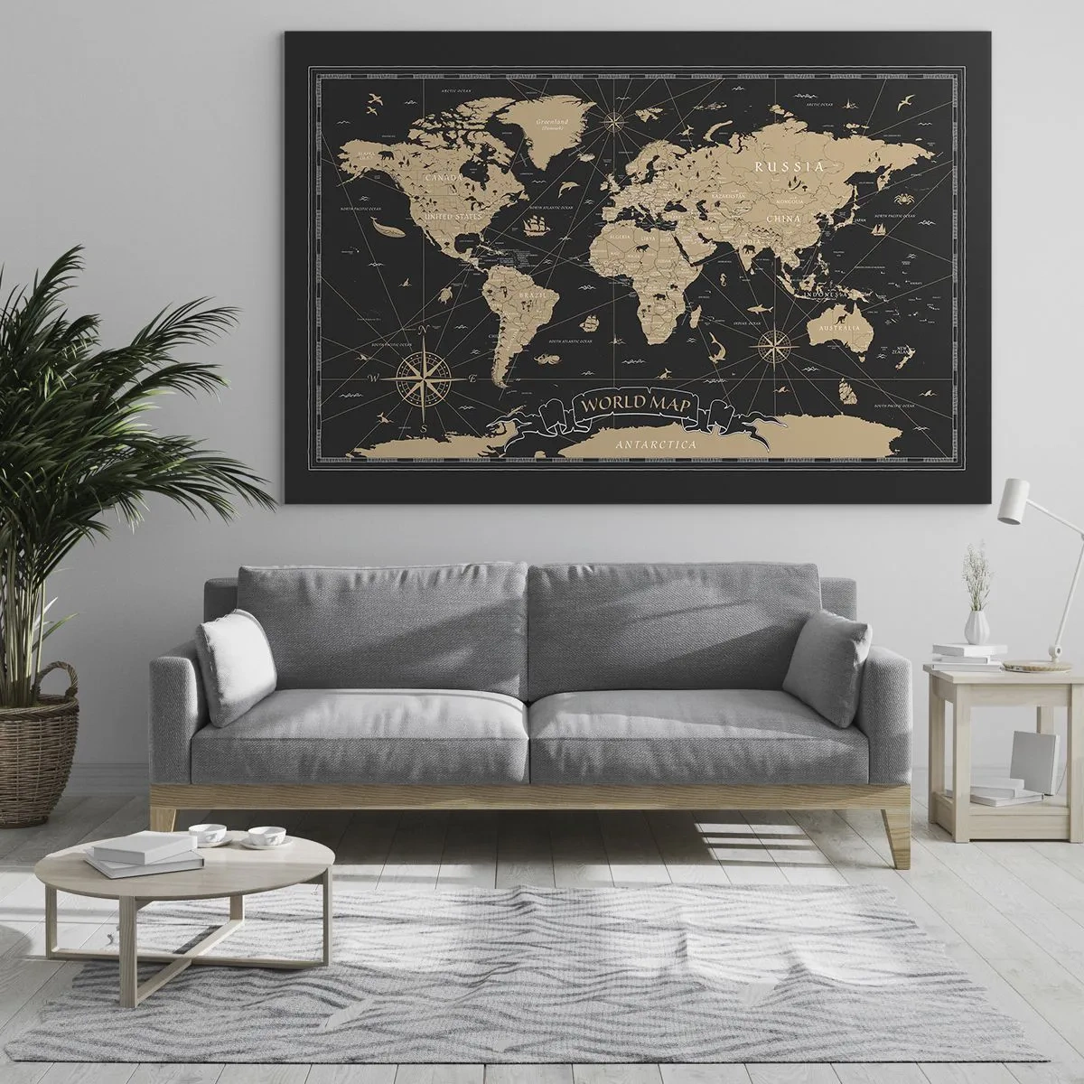 Obraz na skle - Stylizovaná mapa světa v odstínech béžové a černé - 70x50cm - Hranice mého světa - Moderní nástěnná dekorace do obývacího pokoje a ložnice ARTTOR