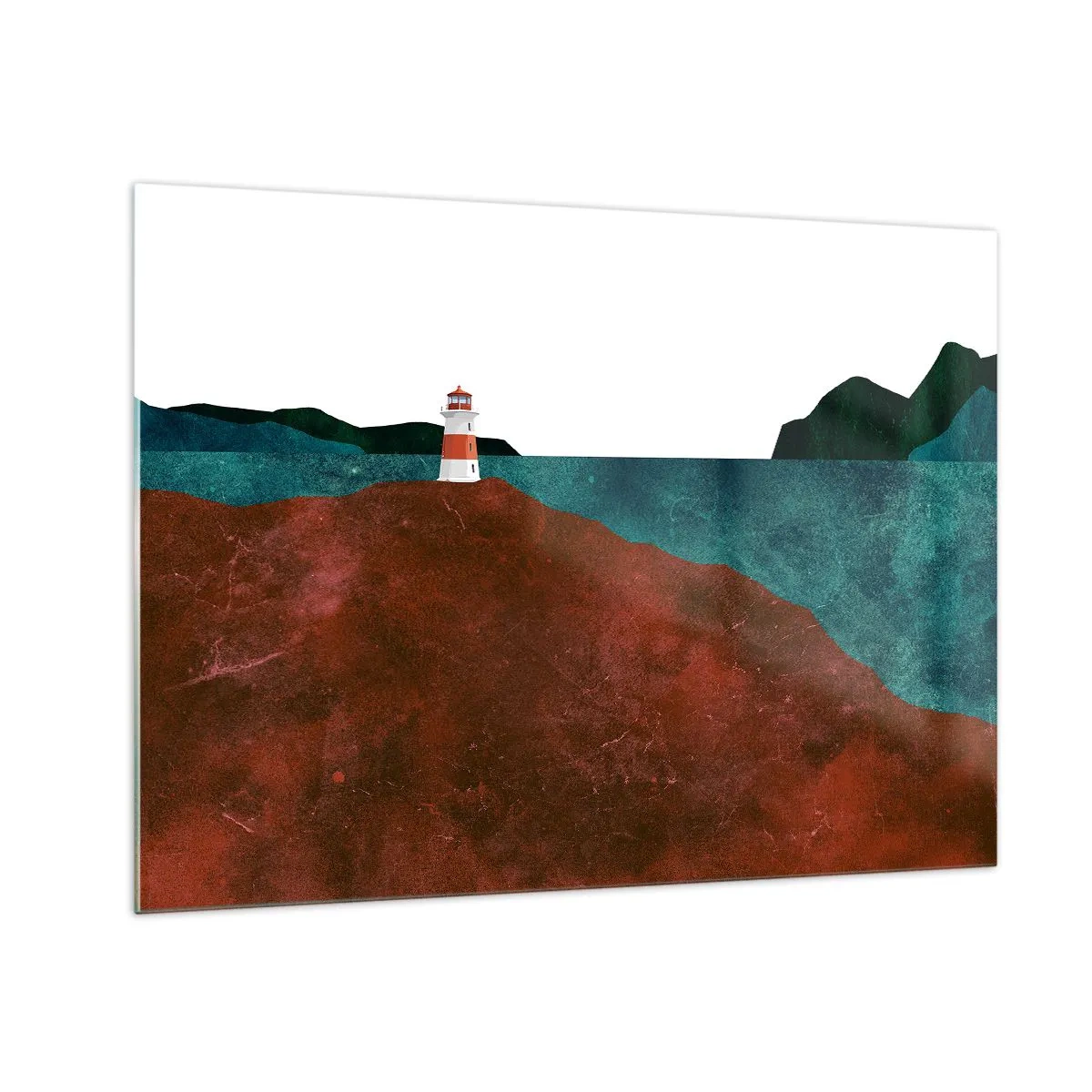 Obraz na skle - Maják na pozadí tyrkysového moře a červených útesů - 70x50cm - Hledící na moře - Moderní nástěnná dekorace do obývacího pokoje a ložnice ARTTOR