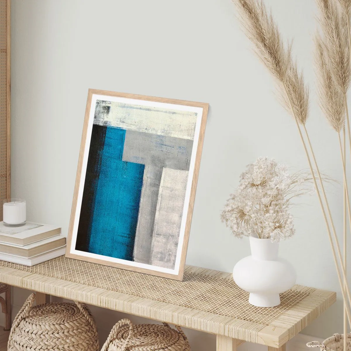 Plakát v rámu světlý dub - Poetická kompozice šedé a modré - 50x70 cm