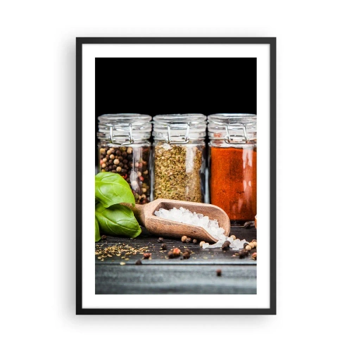 Plakát v černém rámu - Sklenice s kořením na tmavém pozadí - 50x70cm - Aby měl život chuť - Moderní nástěnná dekorace do obývacího pokoje a ložnice ARTTOR