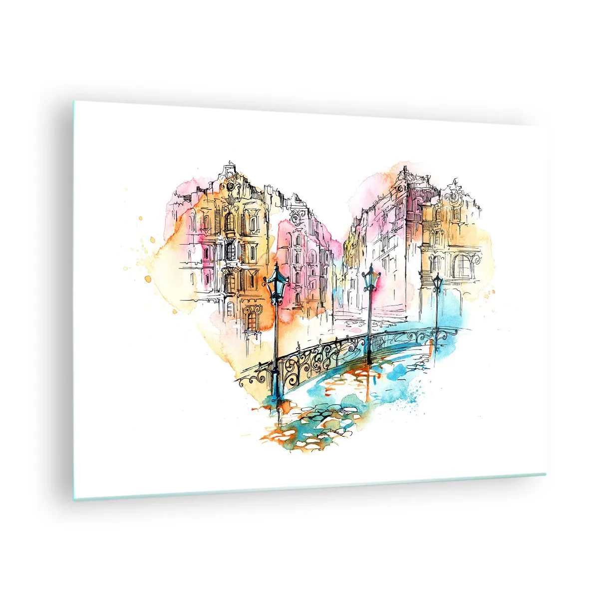 Obraz na skle - Romantické činžovní domy s mostem ve tvaru srdce, akvarel - 70x50cm - Srdce města - Moderní nástěnná dekorace do obývacího pokoje a ložnice ARTTOR