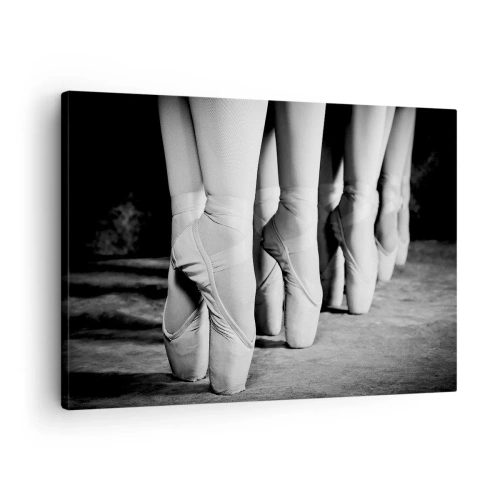 Obraz na plátně - Černobílý snímek baletních bot tanečnic - 70x50cm - Společně, lehce - Moderní nástěnná dekorace do obývacího pokoje a ložnice ARTTOR