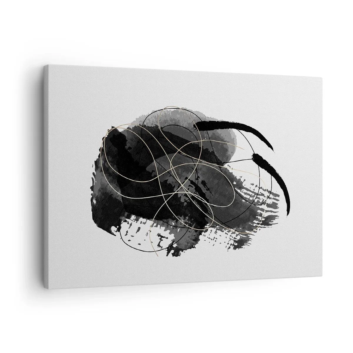 Obraz na plátně - Abstrakce v černé a zlaté barvě na bílém pozadí - 70x50cm - Upletené z černé - Moderní nástěnná dekorace do obývacího pokoje a ložnice ARTTOR