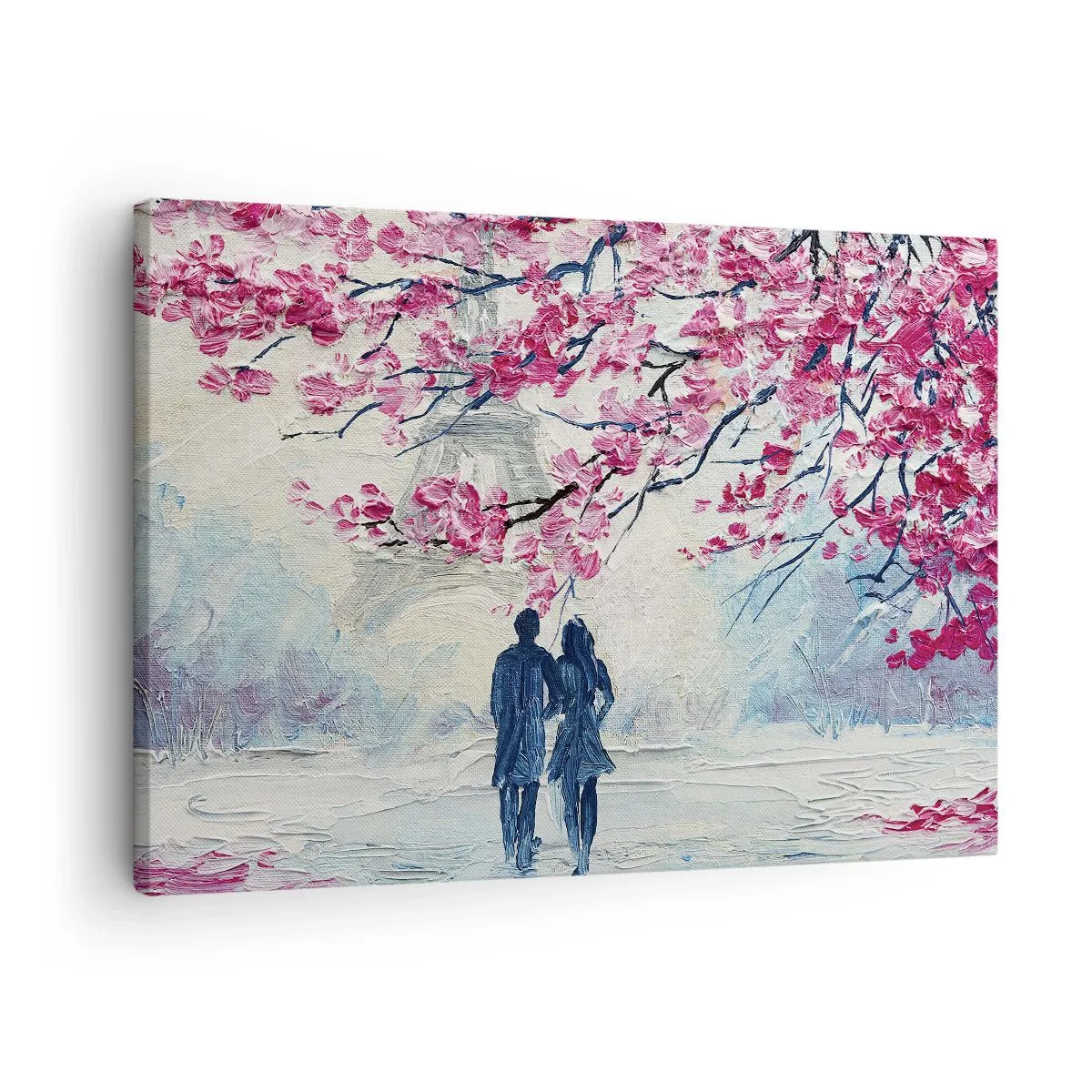 Obraz na plátně - Pár pod rozkvetlými růžovými stromy v romantickém prostředí - 70x50cm - Romantická procházka - Moderní nástěnná dekorace do obývacího pokoje a ložnice ARTTOR