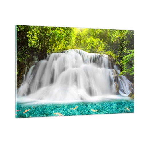 Obraz na skle - Zpěněným vodopádem od zeleně k modré - 120x80 cm