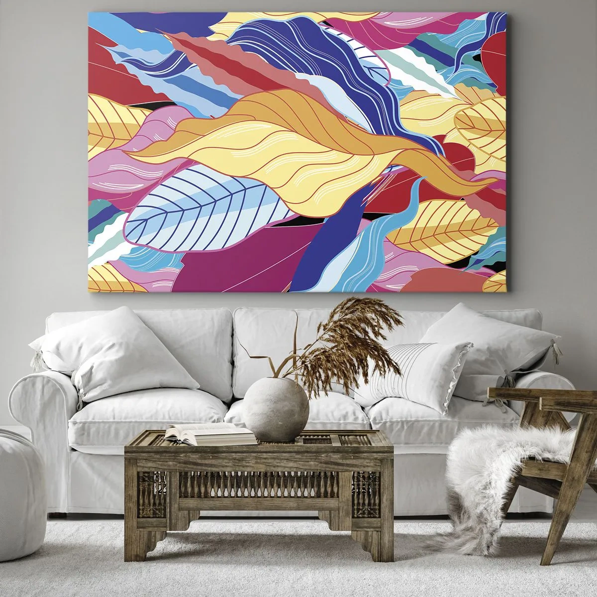 Obraz na plátně - Zářivě zbarvené listy vytvářejí dynamickou kompozici - 70x50cm - Barevný nepořádek - Moderní nástěnná dekorace do obývacího pokoje a ložnice ARTTOR