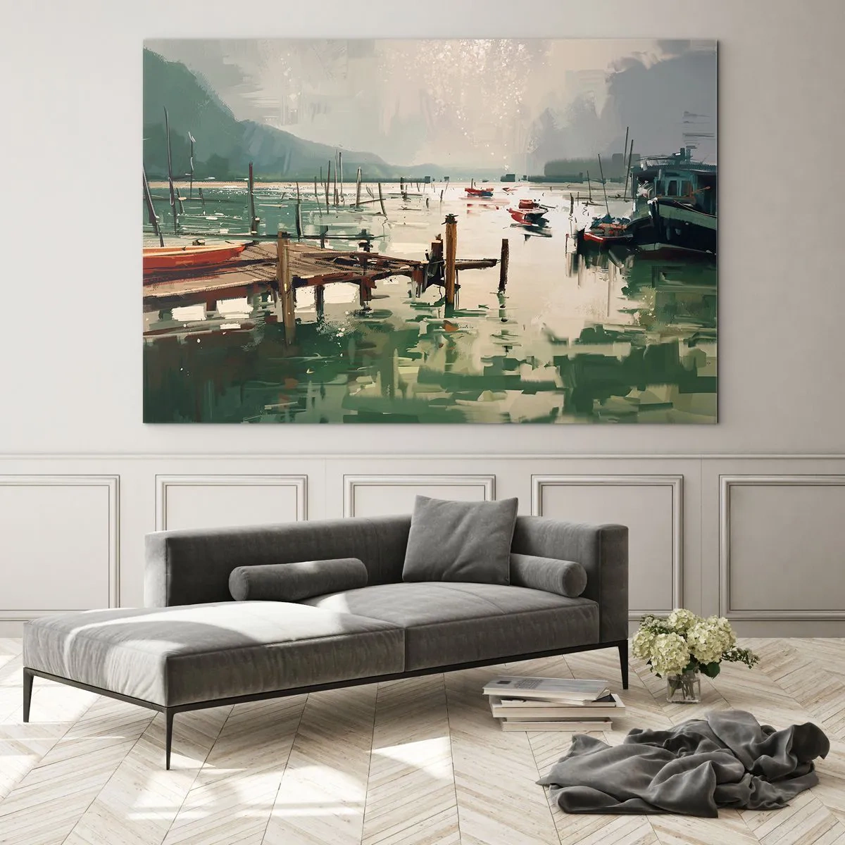 Obraz na skle - Dřevěné molo a lodě na klidné vodě obklopené horami - 70x50cm - Zalité roztaveným měsícem - Moderní nástěnná dekorace do obývacího pokoje a ložnice ARTTOR