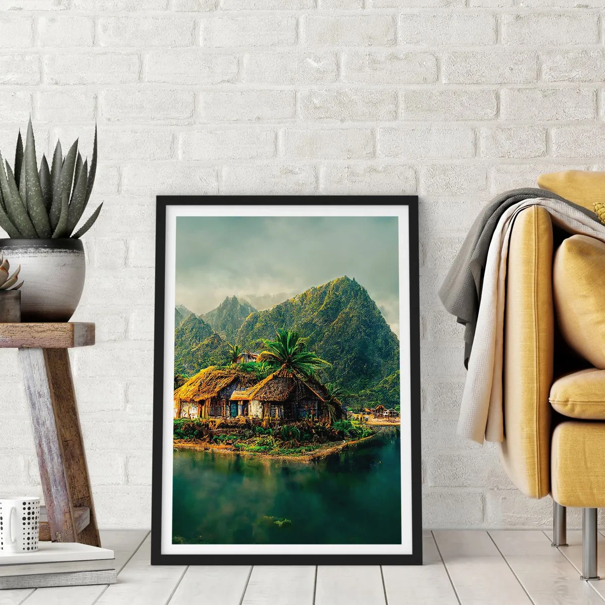 Plakát v černém rámu - Tropická chata s horami a jezerem v pozadí - 50x70cm - Tropický ráj - Moderní nástěnná dekorace do obývacího pokoje a ložnice ARTTOR