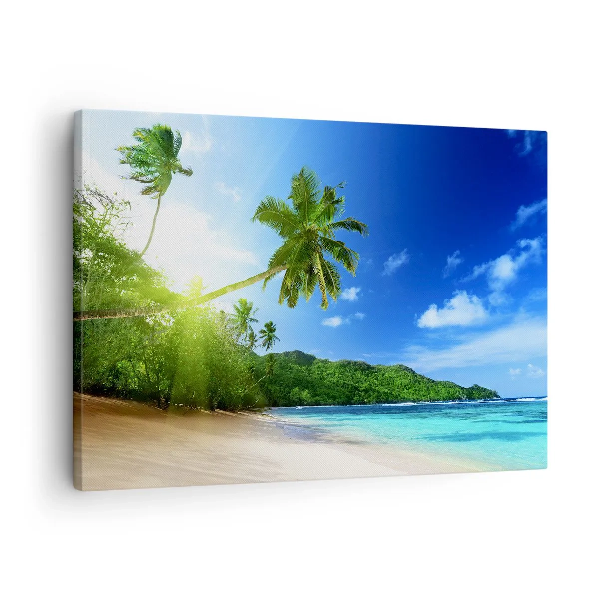 Obraz na plátně - Tropická pláž s palmami a tyrkysovým mořem - 70x50cm - Jemný dotek tropů - Moderní nástěnná dekorace do obývacího pokoje a ložnice ARTTOR