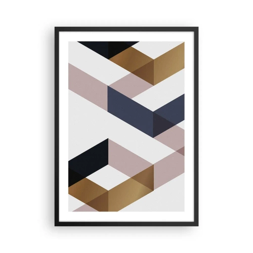 Plakát v černém rámu - Geometrické tvary v odstínech zlaté, černé a béžové - 50x70cm - Roviny a úhly - Moderní nástěnná dekorace do obývacího pokoje a ložnice ARTTOR
