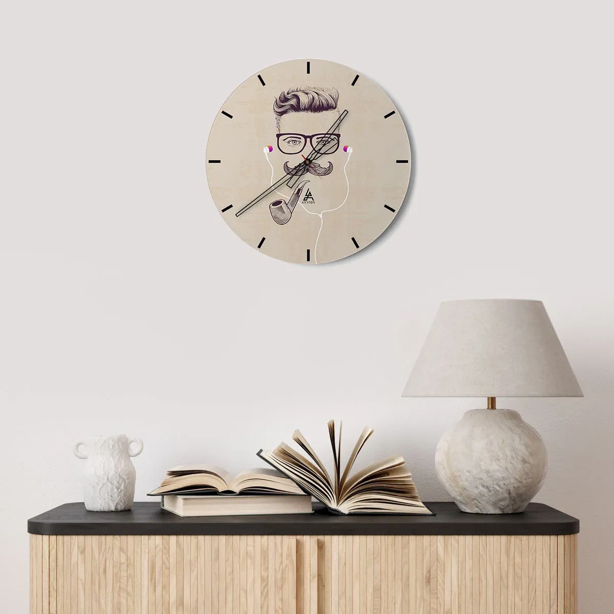Nástěnné hodiny - Ilustrace obličeje s knírem, brýlemi, dýmkou a sluchátky - 30x30cm - Skutečný muž? - Moderní nástěnná dekorace do obývacího pokoje, kuchyně a ložnice ARTTOR