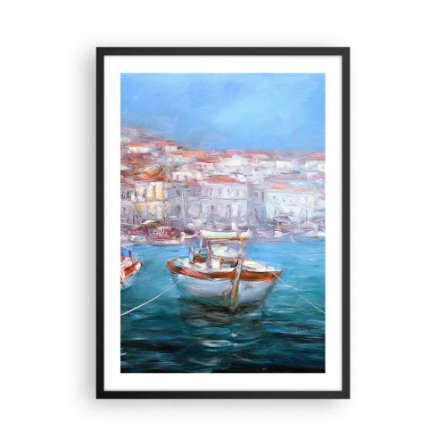 Plakát v černém rámu - Loď v přístavu s výhledem na město - 50x70cm - Italský záliv - Moderní nástěnná dekorace do obývacího pokoje a ložnice ARTTOR