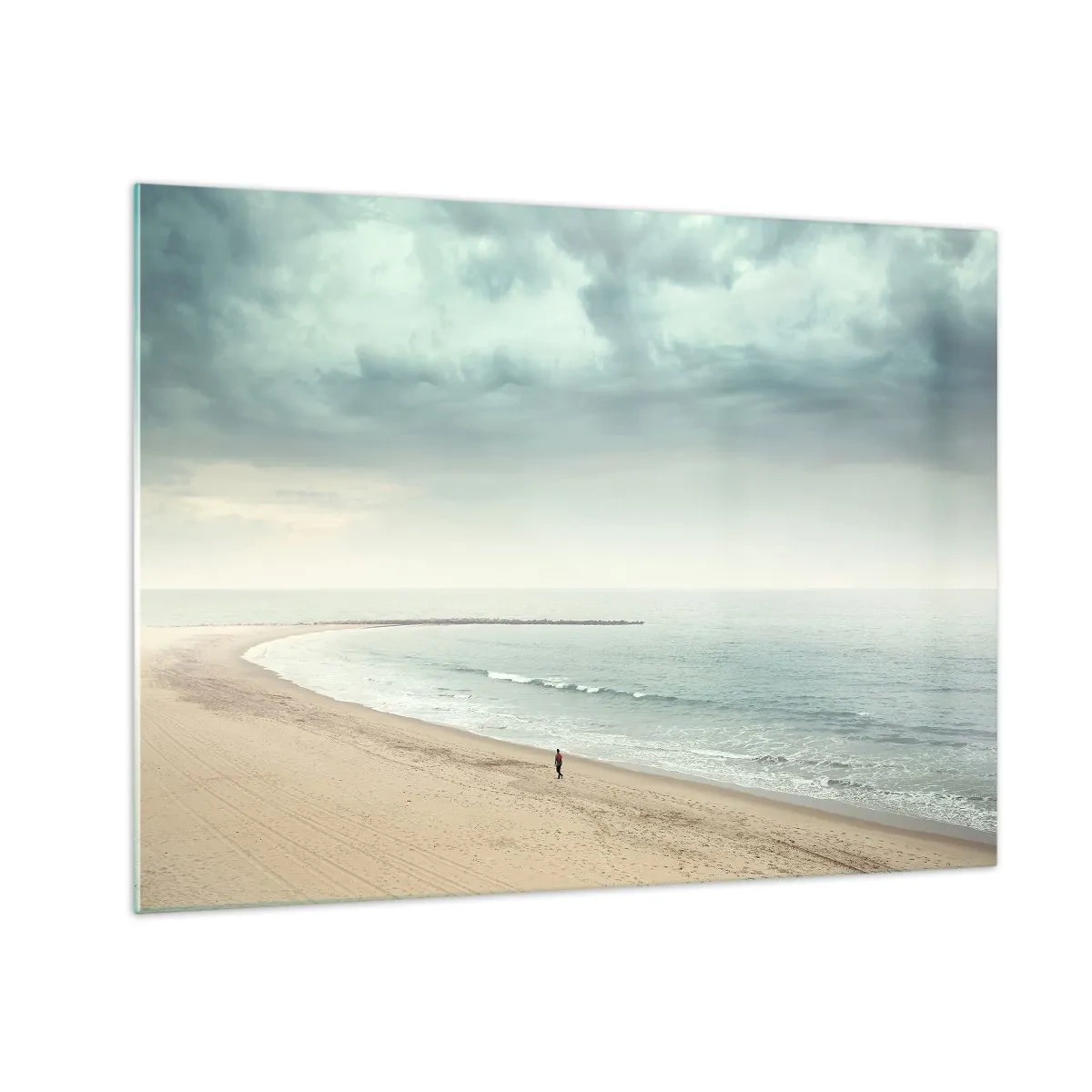 Obraz na skle - Postava procházející se po prázdné pláži u klidného moře - 70x50cm - Hledám klid - Moderní nástěnná dekorace do obývacího pokoje a ložnice ARTTOR