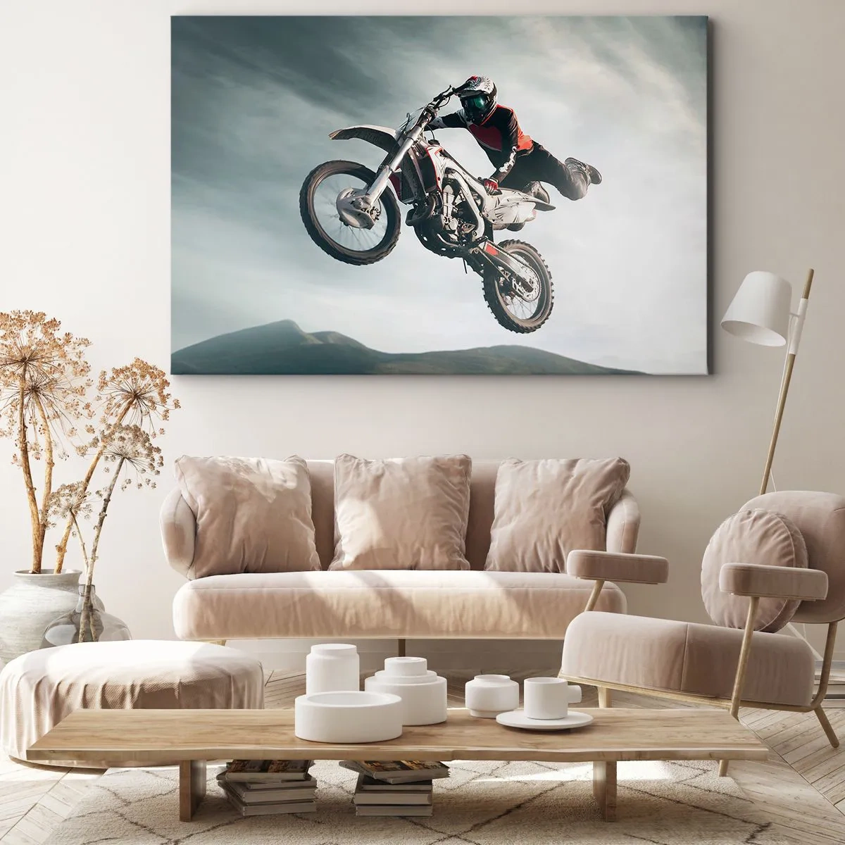 Obraz na plátně - Motocyklista ve vzduchu během skoku - 70x50cm - Není zábava bez rizika - Moderní nástěnná dekorace do obývacího pokoje a ložnice ARTTOR