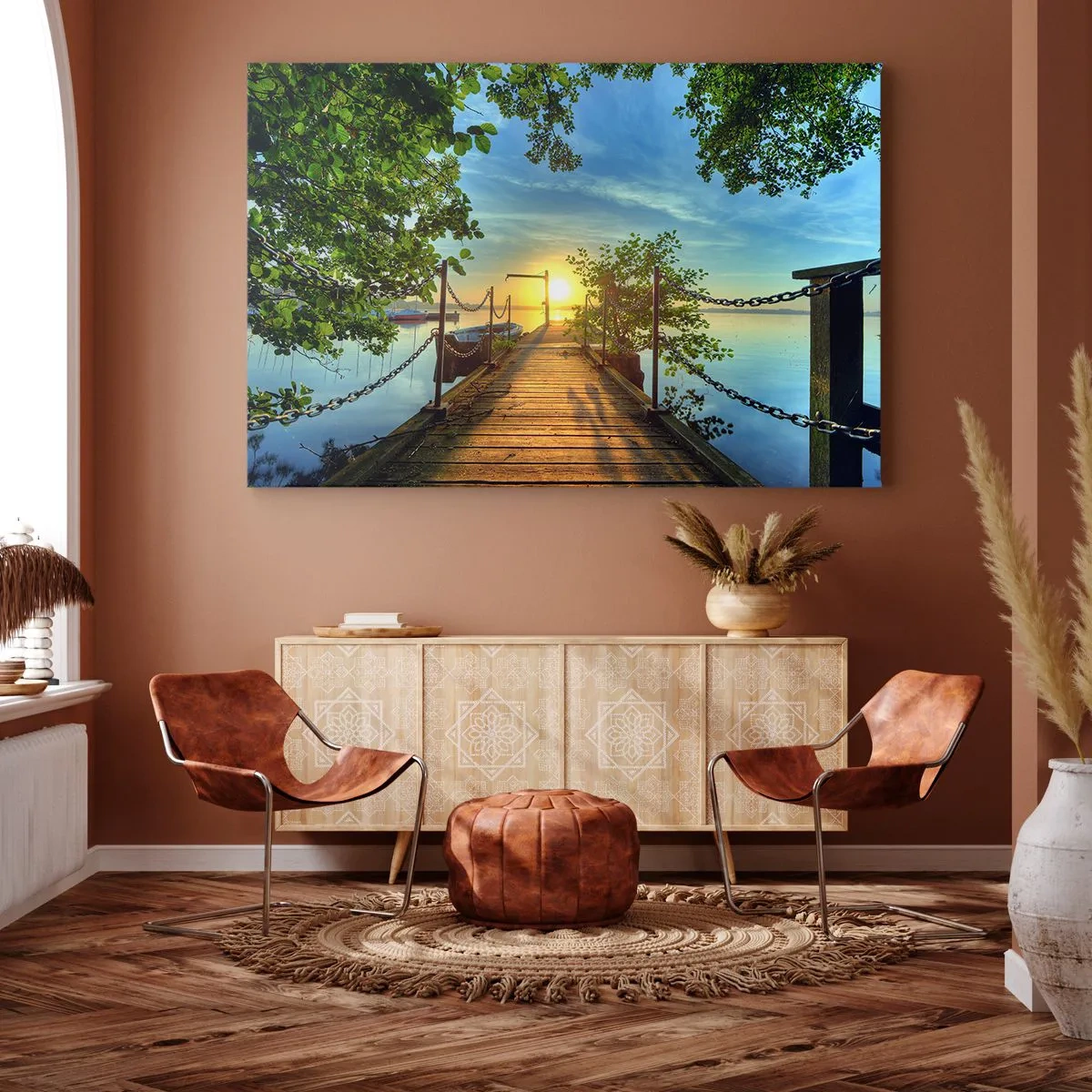Obraz na plátně - Molo nad jezerem v paprscích západu slunce - 70x50cm - Západ u vody - Moderní nástěnná dekorace do obývacího pokoje a ložnice ARTTOR
