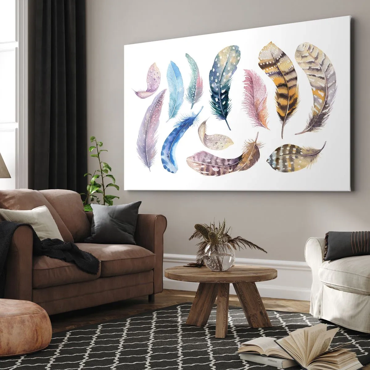Obraz na plátně - Barevné peří v jemném akvarelovém stylu - 70x50cm - Lehké, strakaté a vícebarevné - Moderní nástěnná dekorace do obývacího pokoje a ložnice ARTTOR