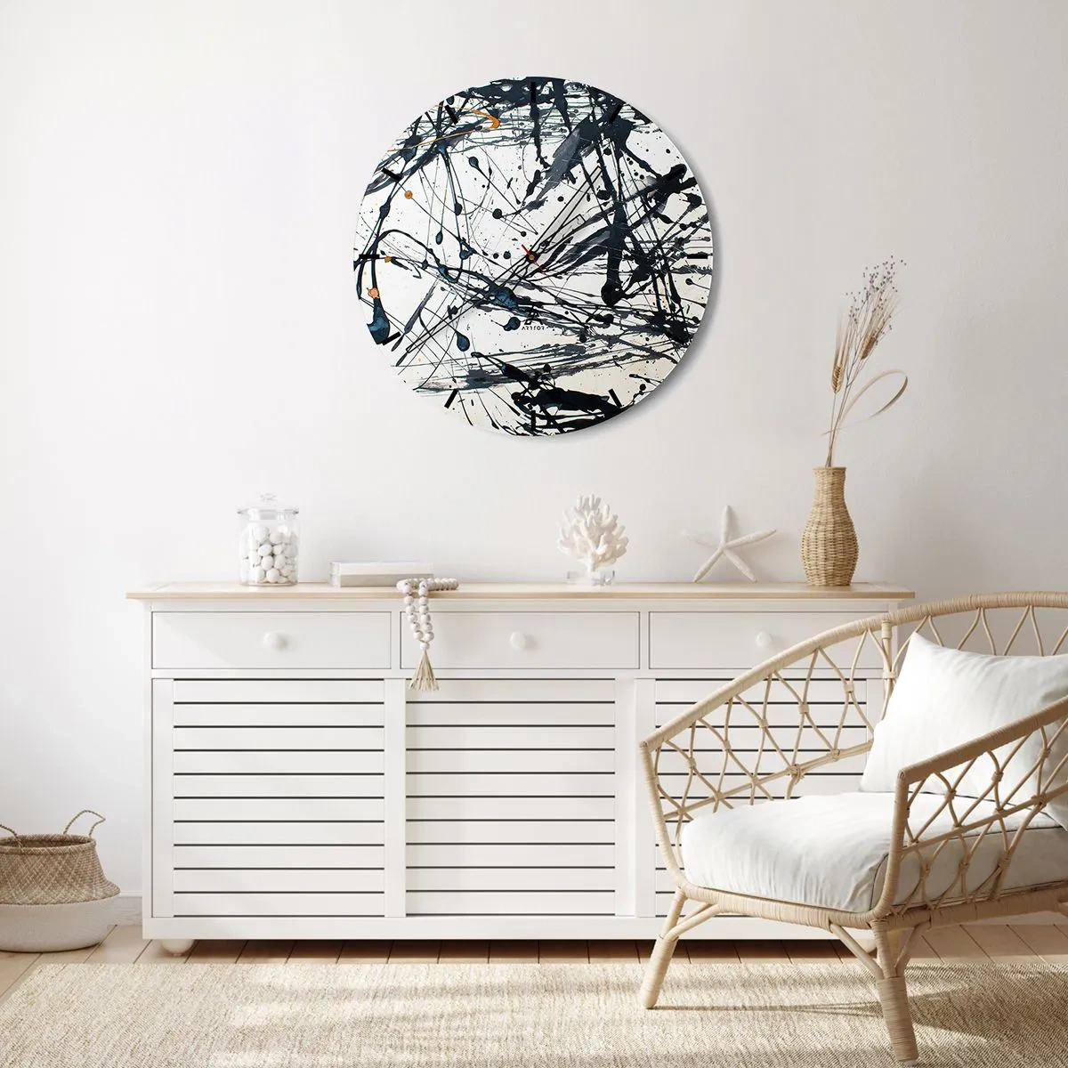 Nástěnné hodiny - Abstraktní vzor s cákancemi černé a modré barvy - 30x30cm - Se smyslem nebo bez smyslu? - Moderní nástěnná dekorace do obývacího pokoje, kuchyně a ložnice ARTTOR