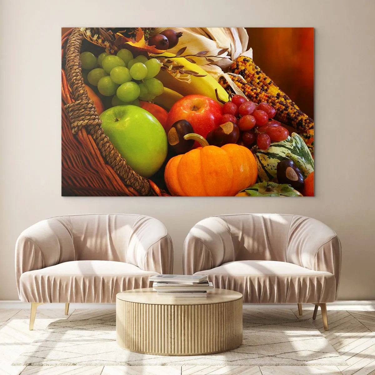 Obraz na skle - Košík plný ovoce a zeleniny v podzimním aranžmá - 70x50cm - Košík úrody - Moderní nástěnná dekorace do obývacího pokoje a ložnice ARTTOR