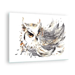 Obraz na skle - Sova s uměleckým peřím v odstínech oranžové a šedé. - 70x50cm - Přišla ze světa kouzel - Moderní nástěnná dekorace do obývacího pokoje a ložnice ARTTOR