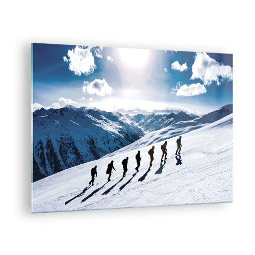 Obraz na skle - Skupinové lezení na zasněženém svahu v horách - 70x50cm - Tým dobývatelů - Moderní nástěnná dekorace do obývacího pokoje a ložnice ARTTOR