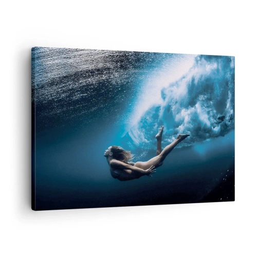 Obraz na plátně - Podvodní snímek ženy a vzduchových bublin - 70x50cm - Současná mořská panna - Moderní nástěnná dekorace do obývacího pokoje a ložnice ARTTOR