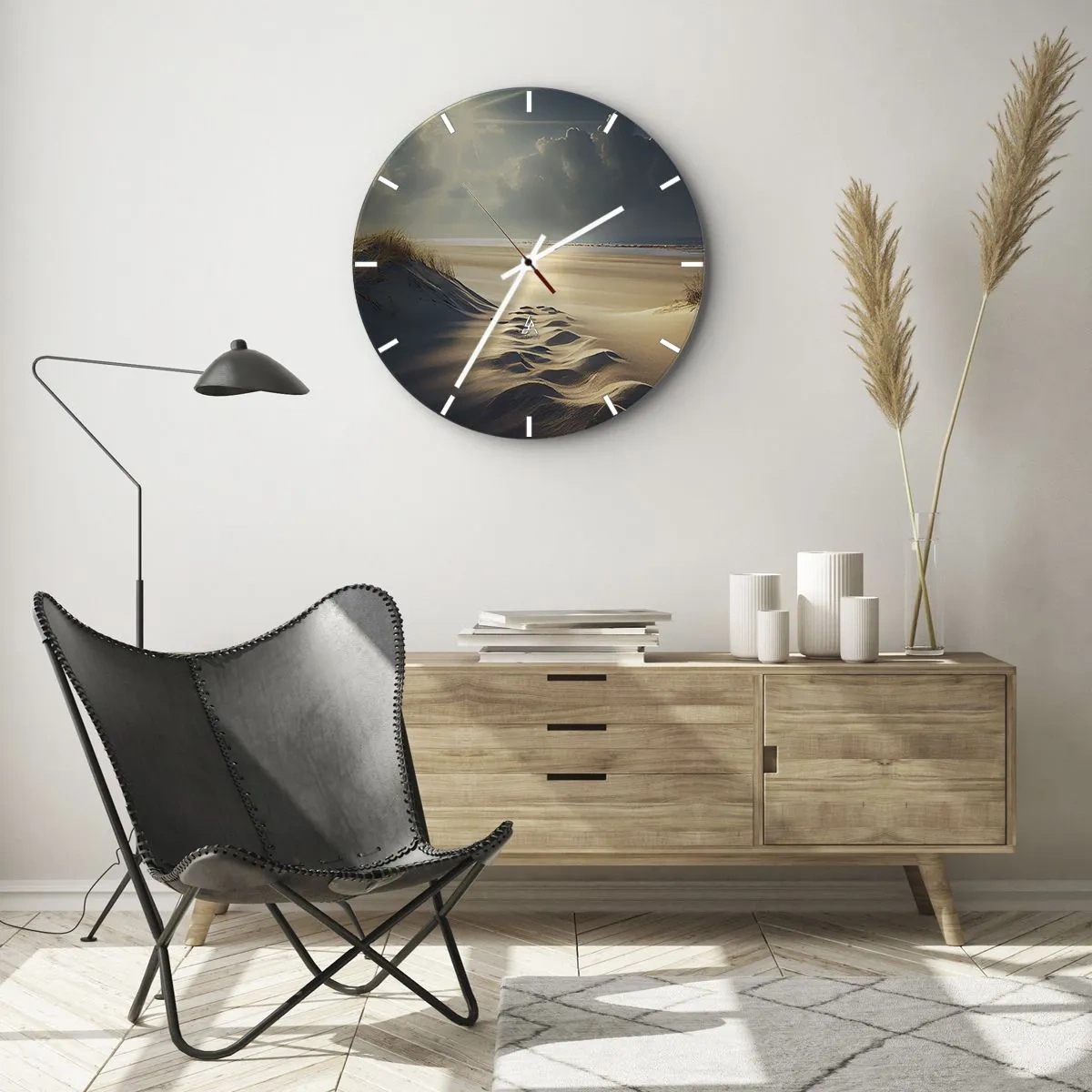 Nástěnné hodiny - Písečné duny osvětlené slunečními paprsky s výhledem na horizont - 30x30cm - Uklidňující krajina - Moderní nástěnná dekorace do obývacího pokoje, kuchyně a ložnice ARTTOR