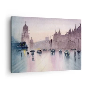 Obraz na plátně - Městská ulice za soumraku ve stylu akvarelu - 70x50cm - V deštivém oparu - Moderní nástěnná dekorace do obývacího pokoje a ložnice ARTTOR