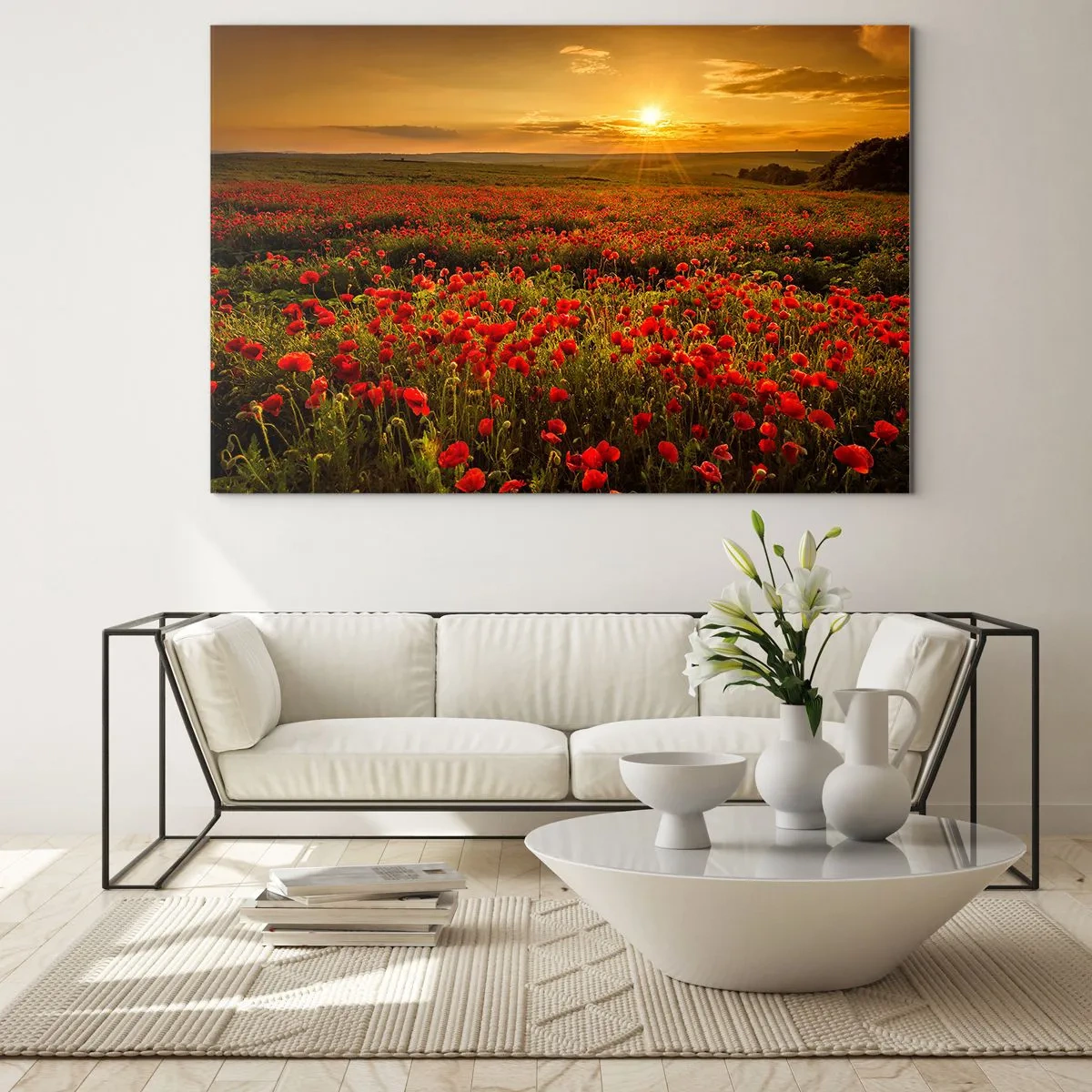Obraz na skle - Makové pole ozářené paprsky zapadajícího slunce - 70x50cm - Mezi vlnami šumících luk, mezi záplavou květů - Moderní nástěnná dekorace do obývacího pokoje a ložnice ARTTOR