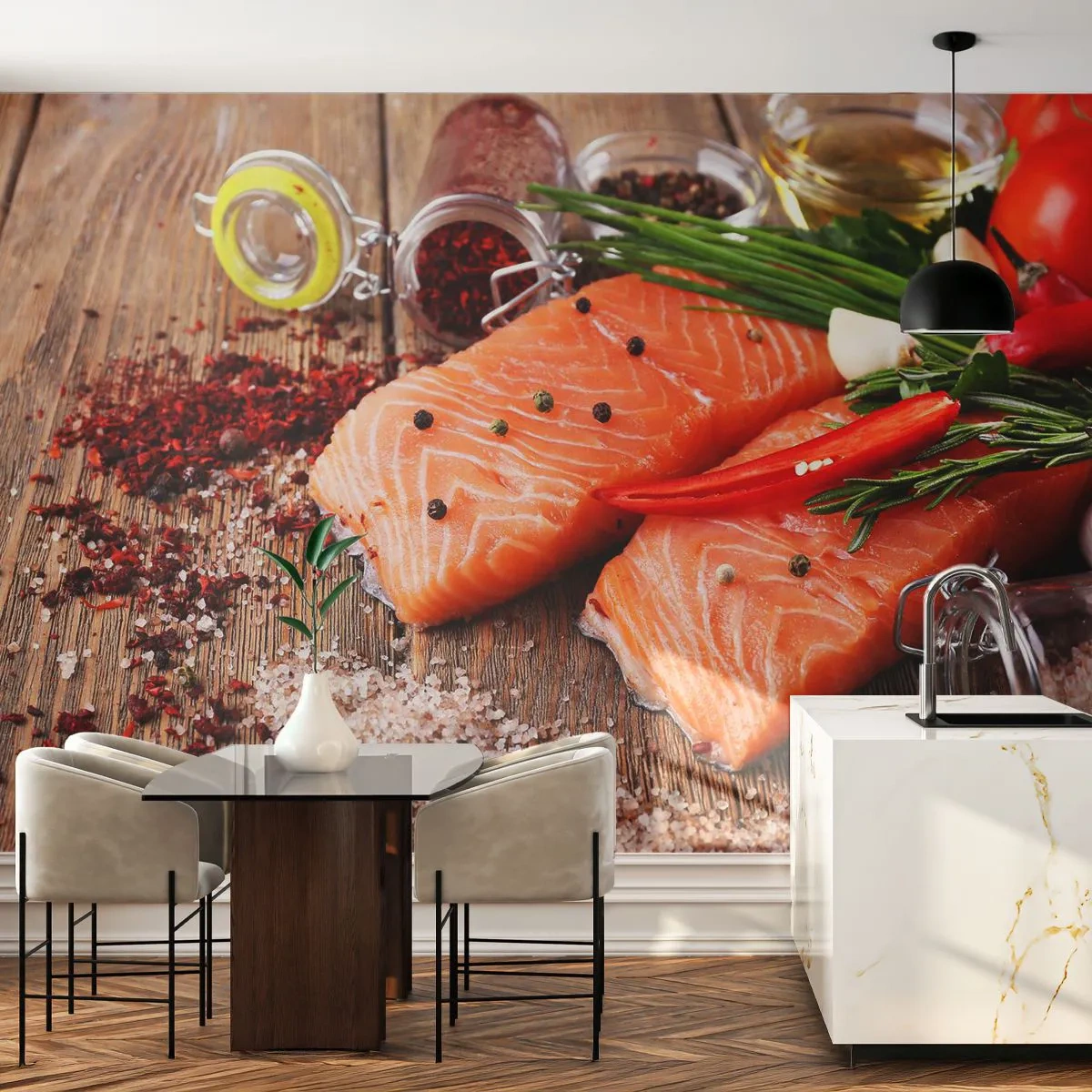 Fototapeta Samolepicí Deluxe Sticker - Norské dobrodružství v kuchyni - Gastronomie, Losos, Koření - 250x175 cm