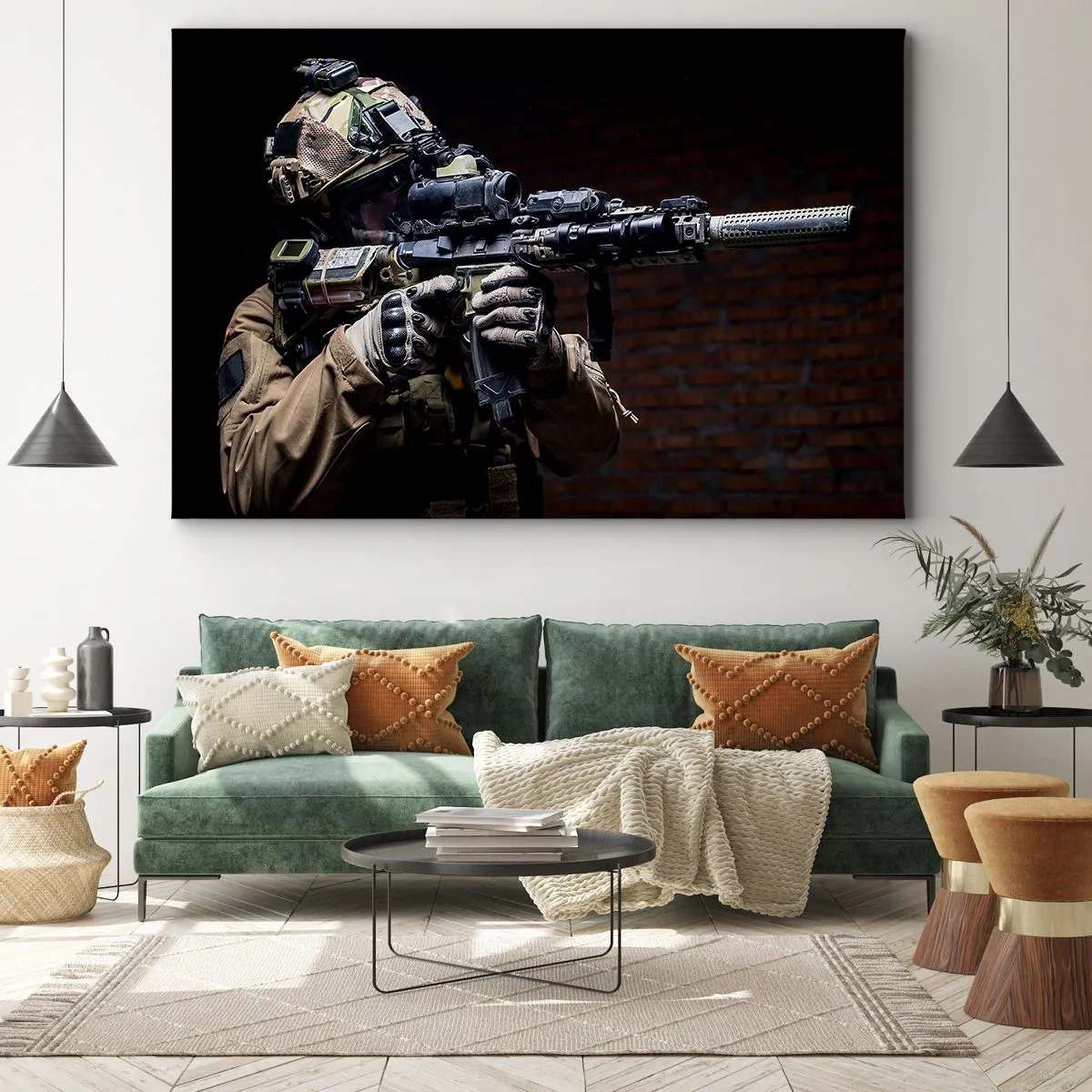 Obraz na plátně - Voják v plné výstroji s puškou - 70x50cm - Vražedně účinný - Moderní nástěnná dekorace do obývacího pokoje a ložnice ARTTOR