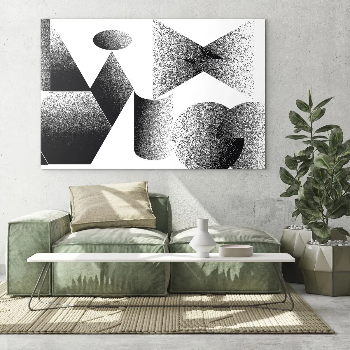 Obraz na skle - Černobílá abstrakce s geometrickými tvary - 70x50cm - Úhly a ovály - Moderní nástěnná dekorace do obývacího pokoje a ložnice ARTTOR