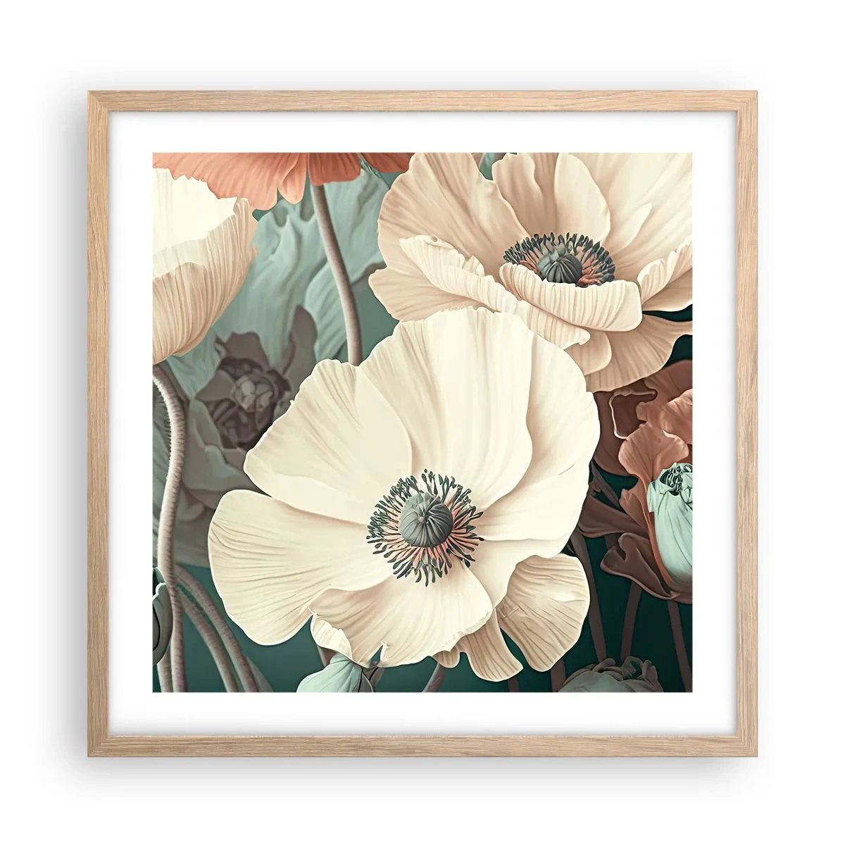 Plakát v rámu světlý dub - Šepot máků - 50x50 cm