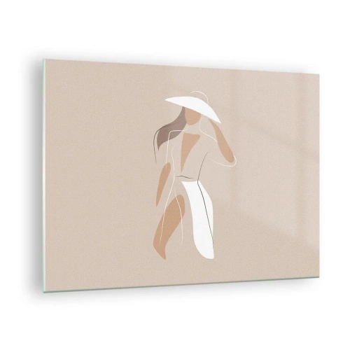 Obraz na skle - Stylizovaná postava ženy v bílém klobouku - 70x50cm - Móda je zábava - Moderní nástěnná dekorace do obývacího pokoje a ložnice ARTTOR