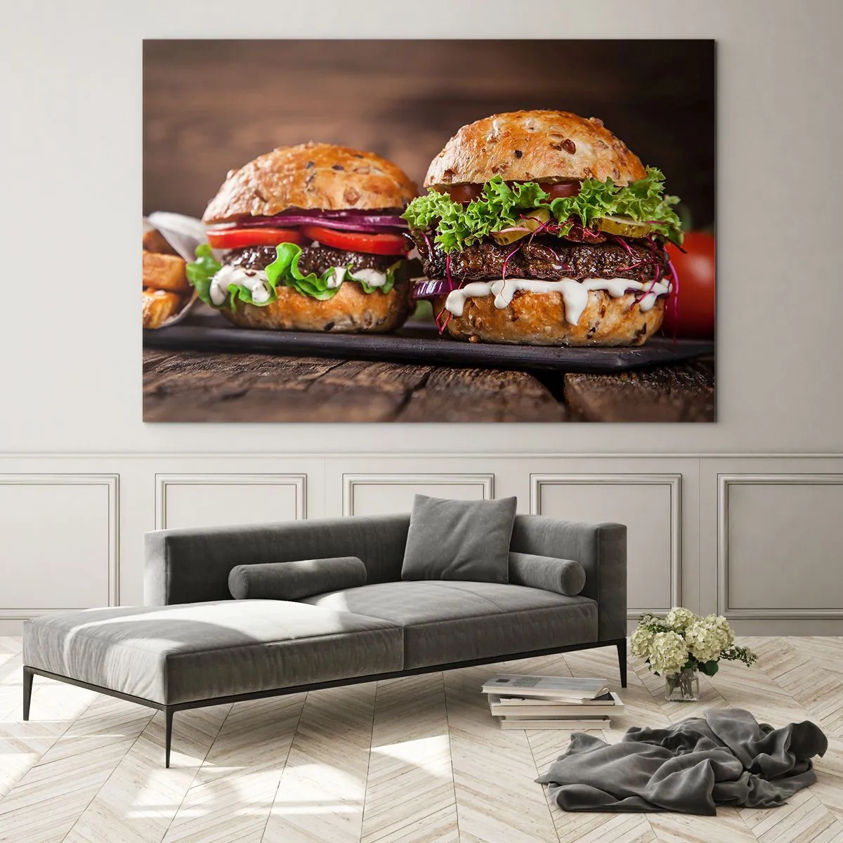 Obraz na skle - Chutné burgery se zeleninou a omáčkou - 70x50cm - American dream - Moderní nástěnná dekorace do obývacího pokoje a ložnice ARTTOR