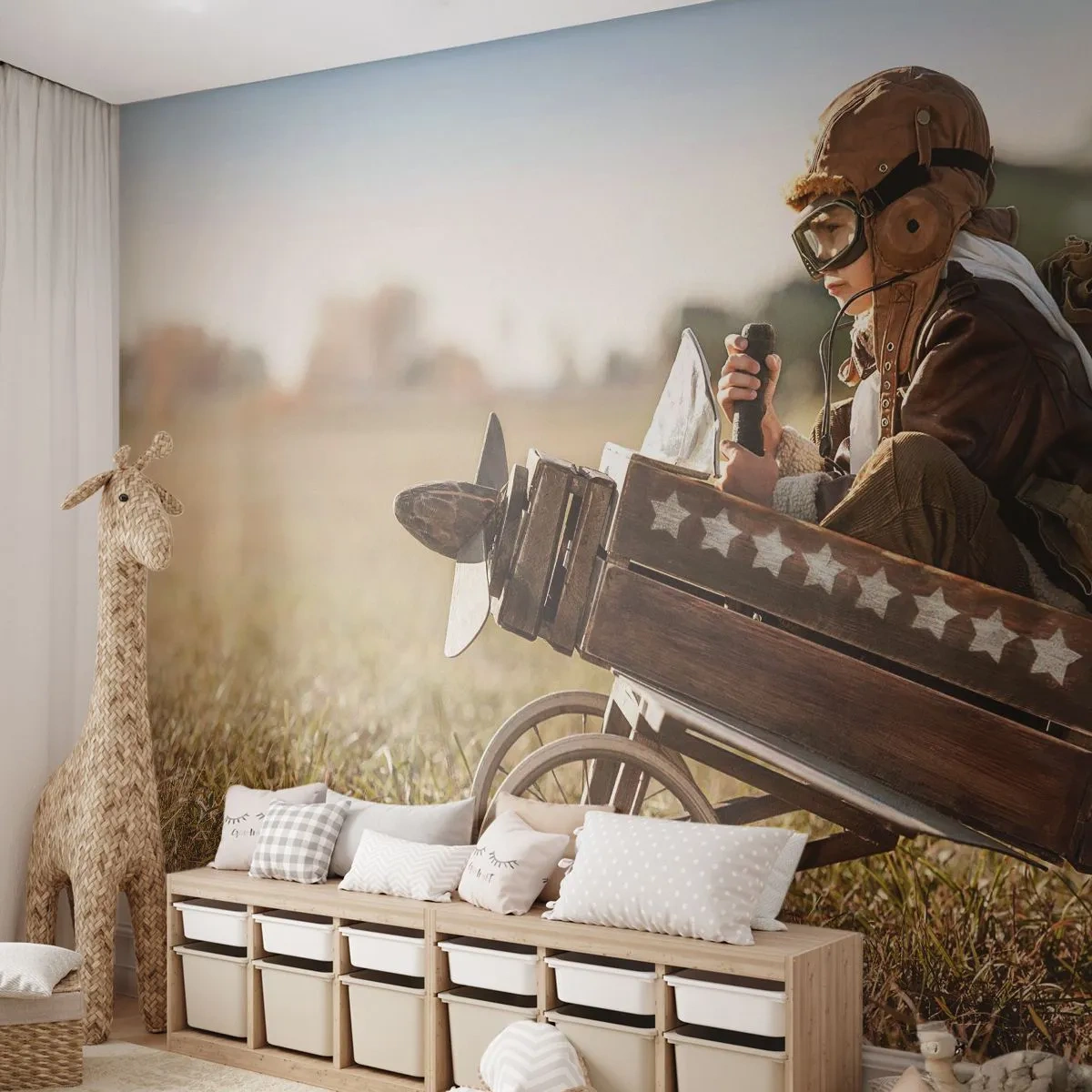 Fototapeta Premium Canvas - Start do snů - Chlapec, Letadlo, Vinobraní - 300x210 cm