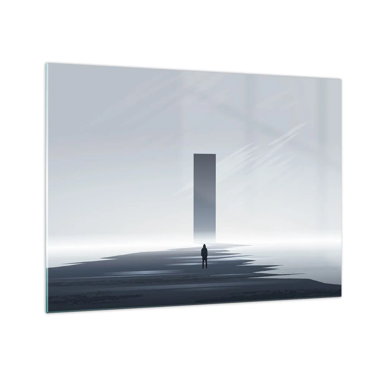 Obraz na skle - Minimalistická krajina s postavou a monolitem v dálce. - 70x50cm - Příležitost nebo hrozba? - Moderní nástěnná dekorace do obývacího pokoje a ložnice ARTTOR