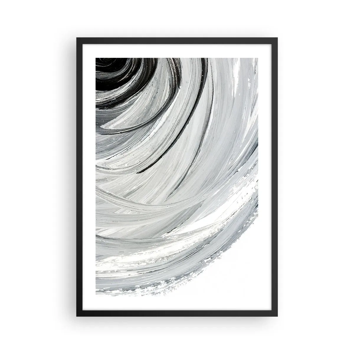Plakát v černém rámu - Dynamická abstrakce v odstínech černé, bílé a šedé - 50x70cm - Orbitální kompozice - Moderní nástěnná dekorace do obývacího pokoje a ložnice ARTTOR