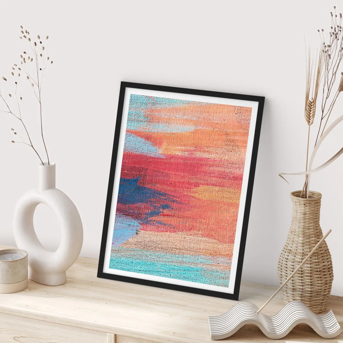 Plakát v černém rámu - Abstraktní tahy barvy v teplých a studených tónech - 50x70cm - Stékat duhou - Moderní nástěnná dekorace do obývacího pokoje a ložnice ARTTOR