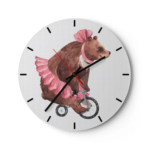 Nástěnné hodiny - Medvěd v růžové sukni jedoucí na jednokolce - 30x30cm - To je ale cirkus! - Moderní nástěnná dekorace do obývacího pokoje, kuchyně a ložnice ARTTOR