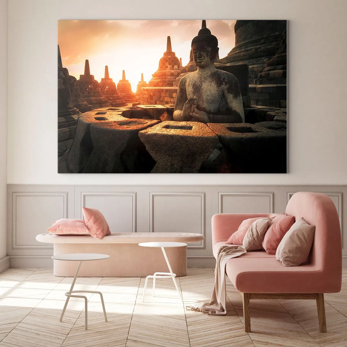 Obraz na skle - Socha Buddhy osvětlená zapadajícím sluncem ve starobylém chrámovém komplexu - 70x50cm - Počasí velké moudrosti - Moderní nástěnná dekorace do obývacího pokoje a ložnice ARTTOR