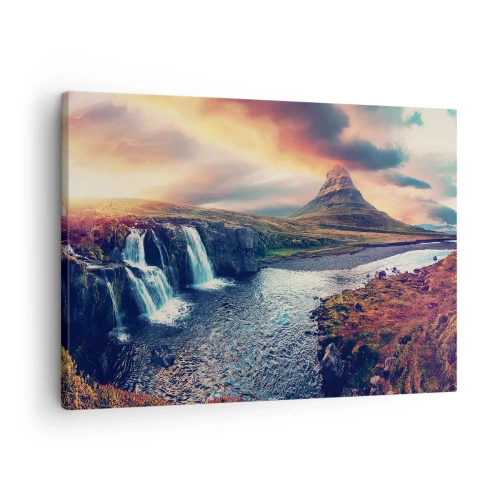 Obraz na plátně - Pohled na vodopád a horu ve světle zapadajícího slunce - 70x50cm - V majestátu přírody - Moderní nástěnná dekorace do obývacího pokoje a ložnice ARTTOR